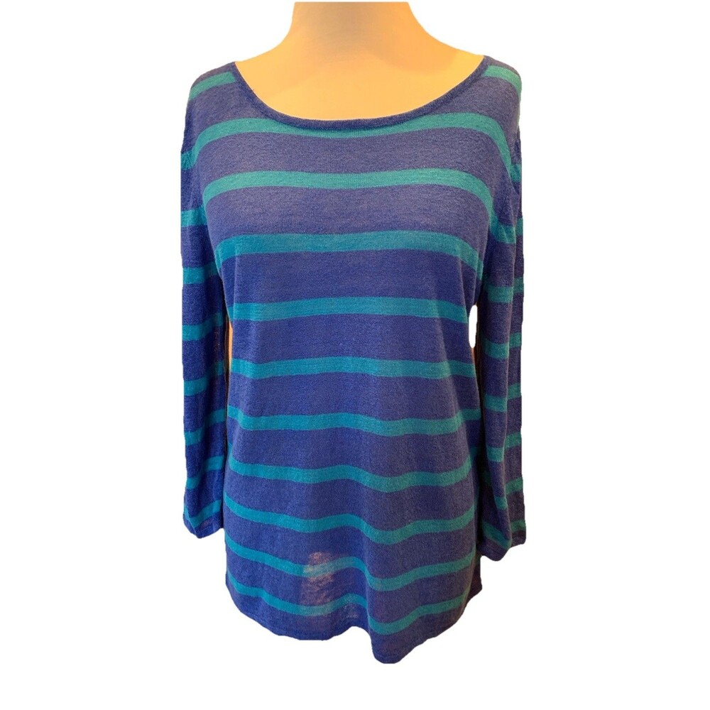 Striped Linen Viscose Knit Sweater Aqua Blue Large Beachy Nautical Lightweight